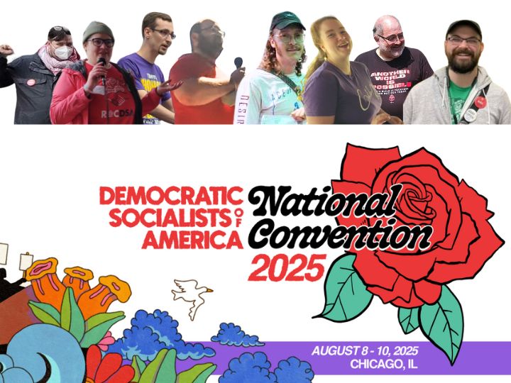 A lineup of delegates going to the national convention above a picture of a rose.