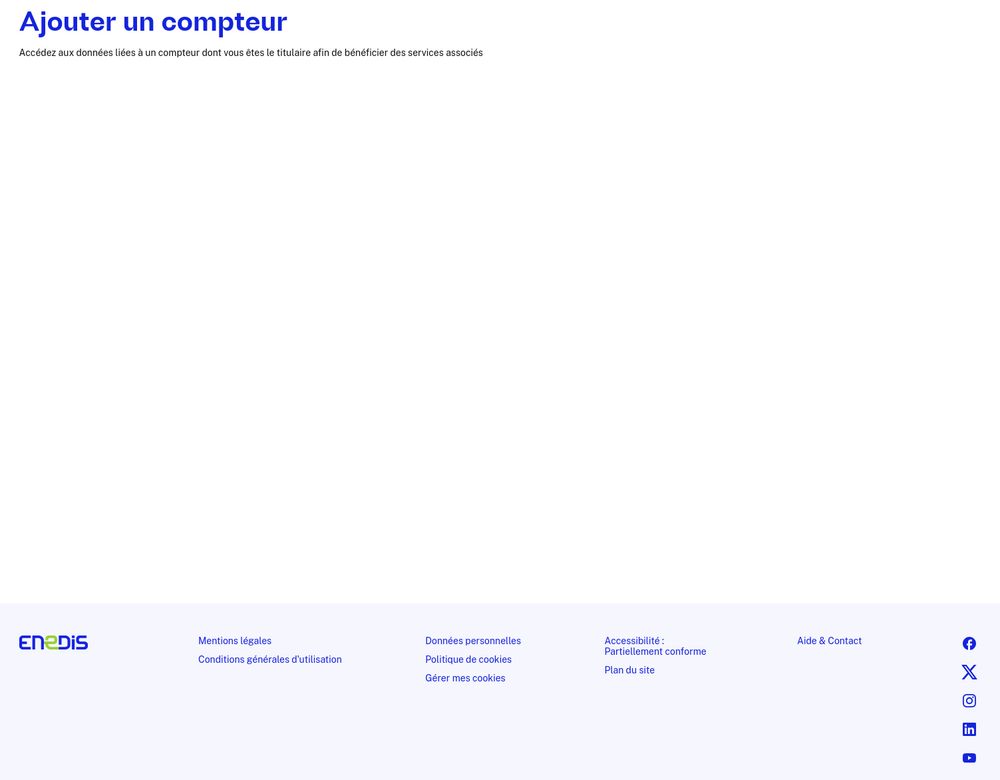 Une page blanche du site client enedis, indiquant en titre "Ajouter un compteur", et rien dans le contenu de la page