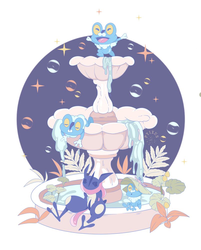 Pokémon like froakie & Greninja sitting in a fountain, some are playing as plants, bubbles, and water surround them. 