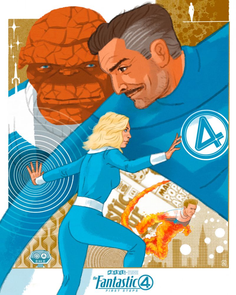 Movie poster illustration of The Fantastic Four: First Steps