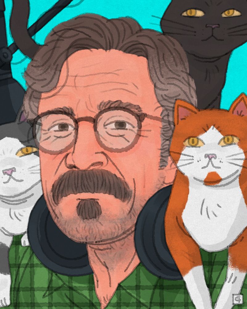 Portrait illustration of Marc Maron surrounded by his cats.