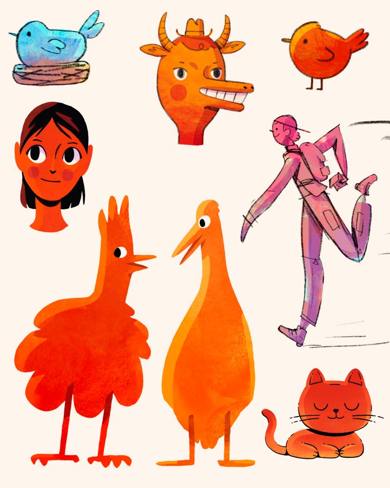 Color sketches including a small blue bird sitting on a nest, a cow head of some kind wearing a small hat and bearing its teeth, a small red bird, a girl head looking wistful, a chicken gossiping with a goose, a boy using heely shoes and a sleeping cat.