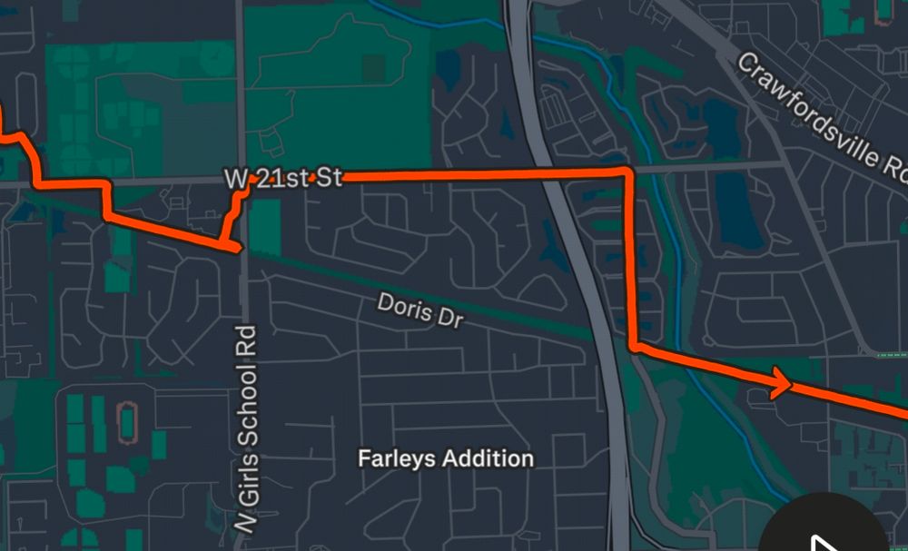 Screenshot of a bike ride route recorded in Strava from Country Club Place to Speedway.