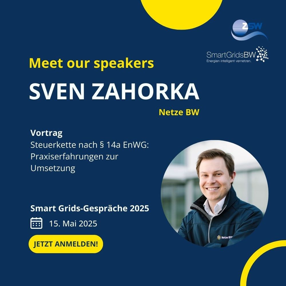 Eventgrafik zur Speaker-Vorstellung: Sven Zahorka (Netze BW) spricht bei den Smart Grids-Gesprächen 2025 am 15. Mai über Praxiserfahrungen zur Umsetzung der Steuerkette gemäß §14a EnWG.