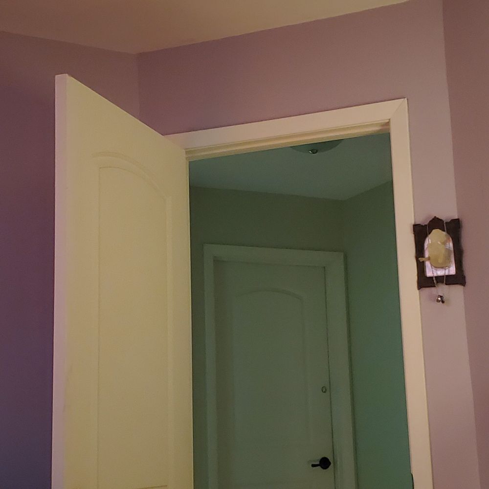 a doorway in a room with light purple walls, opening to a hallway that appears to be tinted green (but it's not)