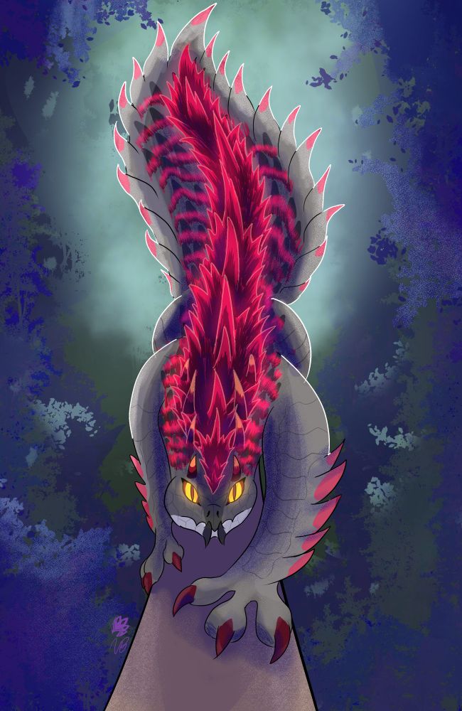 A depiction of Scarlet Tobi-Kadachi (A rare species I made) climbing down a tree towards the viewer. Electricity flows throughout its blood laced fur as it climbs towards the viewer. 