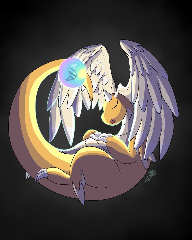 A digital drawing of Mega Dragonite sleeping suspended in a dark space. It's body is illuminated by the orb on its tail.