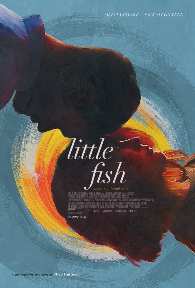 poster for 2020 film Little Fish, featuring the silhouettes of a husband and wife touching foreheads against a blue and orange background 
