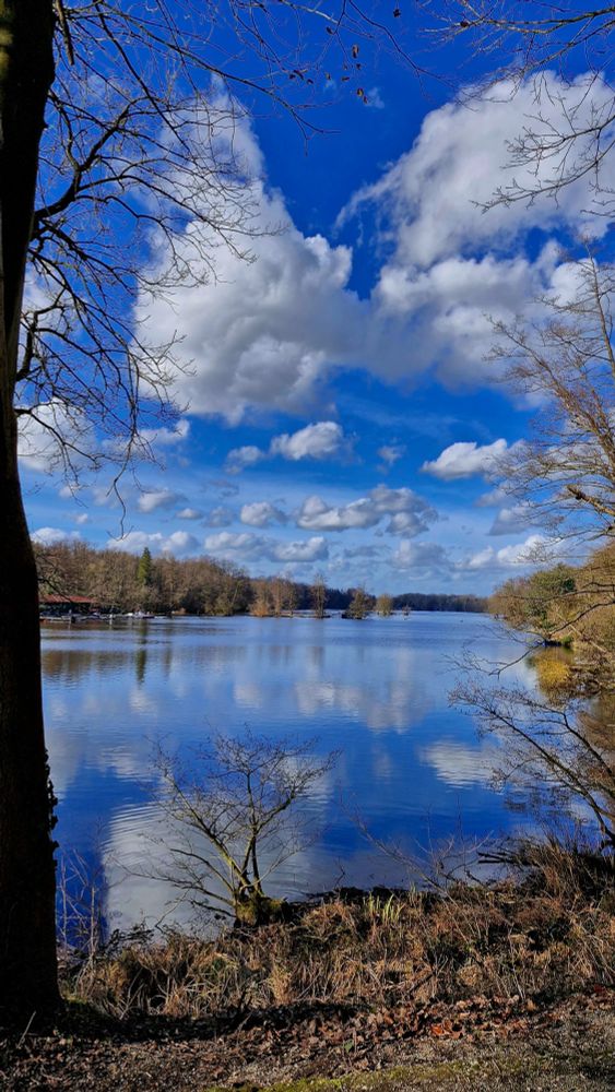 Blick auf einen See in dem sich der blaue Himmel und die weissen Wolken spiegeln.