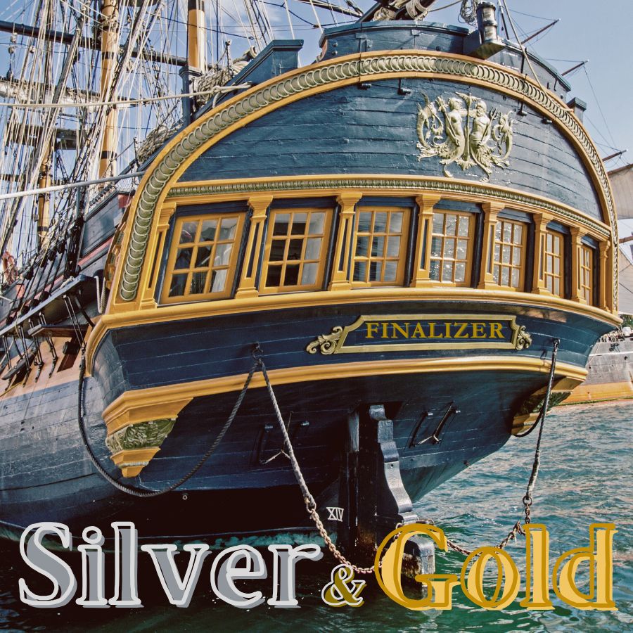 Badly edited photo of the stern of the INS Finalizer (aka the HMS Surprise, but shhh), with the words 'Silver & Gold', the title of notlikelybutpossible's new Kylux fic featuring Imperial Navy Captain Hux and octopus merman Ben. Original image: https://www.flickr.com/photos/stayamused/16309588400
