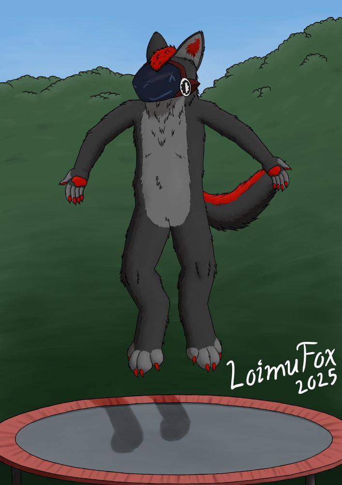 Digital drawing of a gray-and-red protogen mid jump on a trampoline that can be seen under him. Some semi-abstract greenery is on the background.