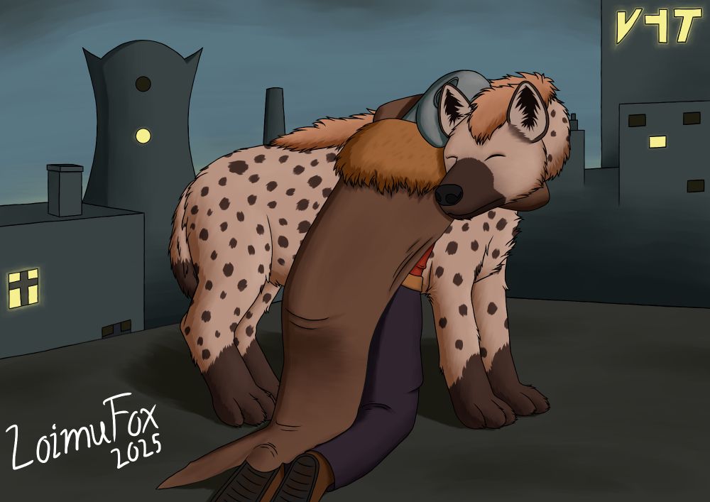 Digital drawing of a large hyena being hugged by a dark elf character kneeling next to them. A night time, low fidelity city scenery can be seen behind the elevated platform or roof they are on.