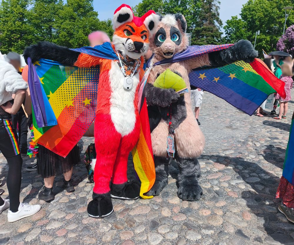 Fursuit photo of Loimu and Lehti leaning into each other and raising their EU-rainbow gradient flags they have on their backs with their outer hand-paws in a similar manner, creating a symmetrical pose. 