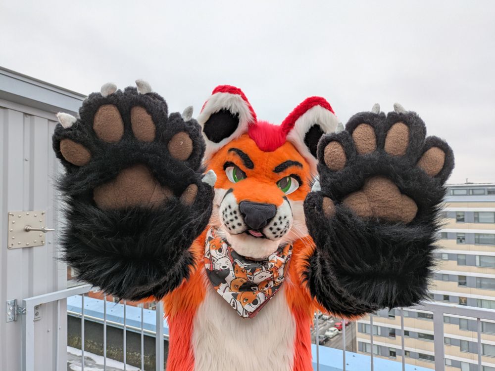 Fursuit photo of Loimu The Fox showing his handpaws for the camera.