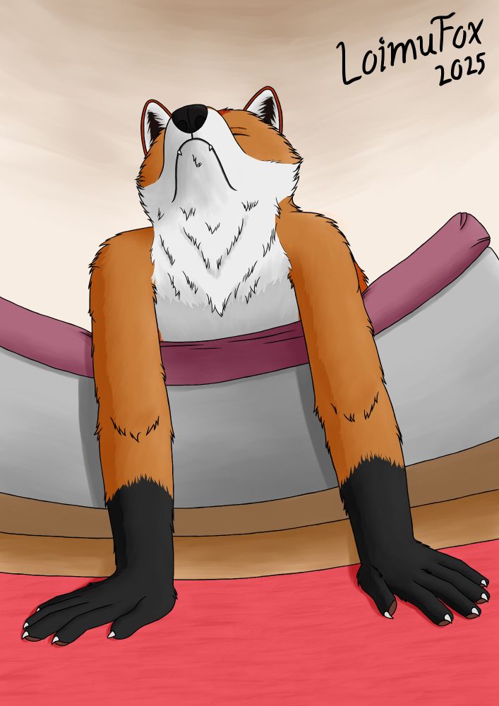 Digital drawing of an anthropomorphic fox, pictured through a kind of fish-eye lens from the floor level, laying half-way out of bed with his hands on the floor.