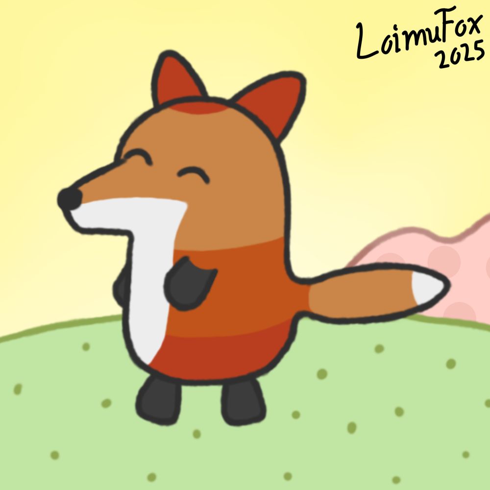 Digital drawing of a very simplified, cartoony fox-tamagotchi with my sona Loimus colouring.