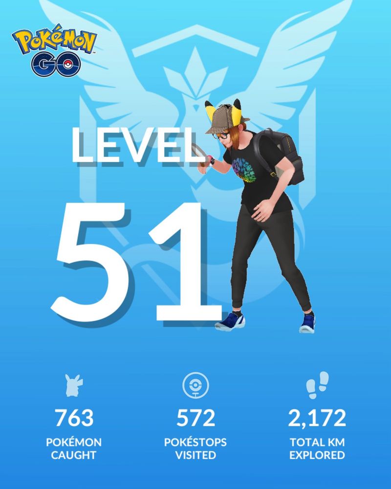 Pokemon GO level 51 for this user. She has caught 763 Pokemon, explored 2,172 kilometers, and has visited 572 pokestops.