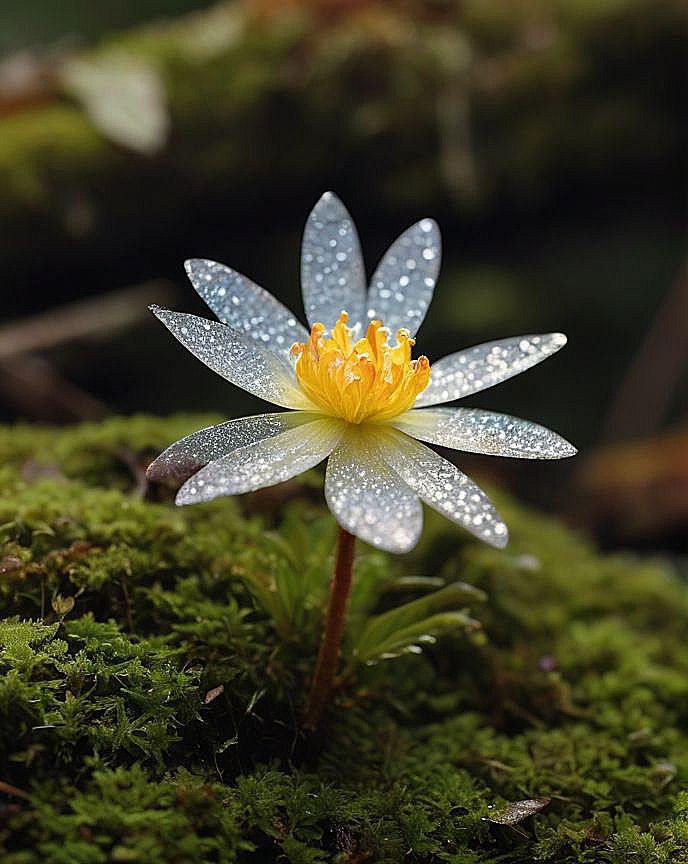 Eine weiße Blume mit Regentropfen im Mooswald.