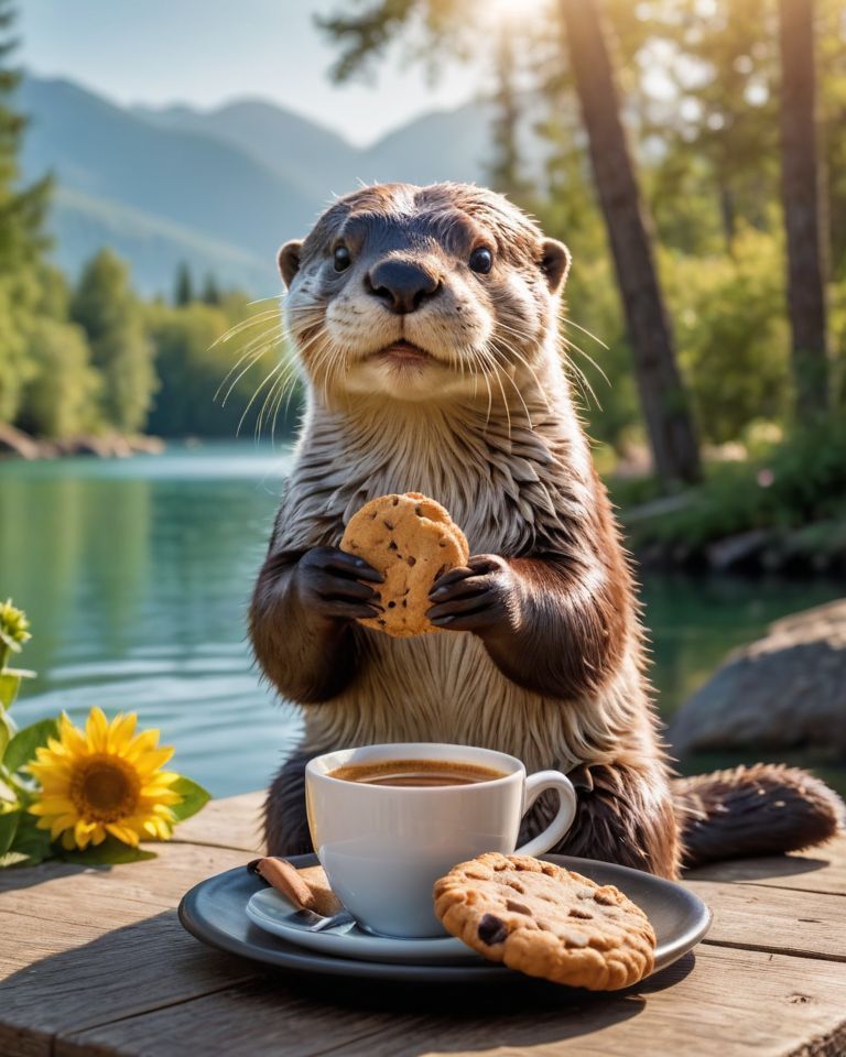 Das Bild zeigt einen Seeotter, der einen Keks in den Pfötchen hält. Vor ihm steht eine Tasse Kaffee. Der Otter sitzt auf einem Holztisch vor einem See. Im Hintergrund ist üppige Vegetation zu sehen und die Sonne scheint.