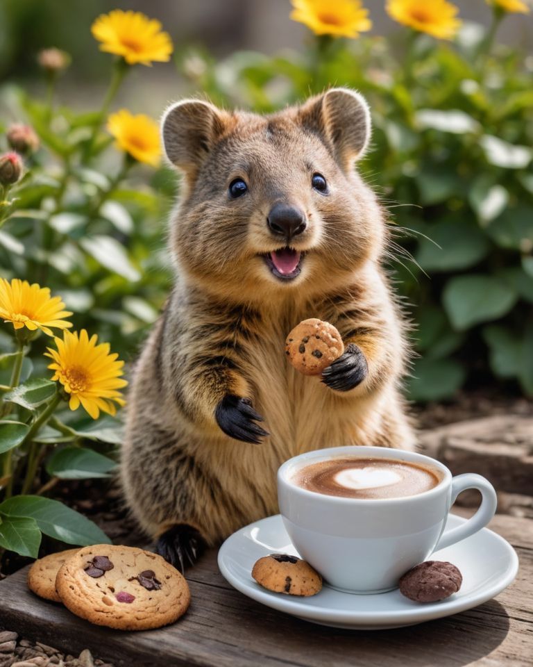 Ein Quokka sitzt auf einem Tisch und hält in seinen Pfoten einen Keks. Vor dem Quokka steht eine Tasse Kaffee. Im Hintergrund ist ein Blumengarten zu sehen.
