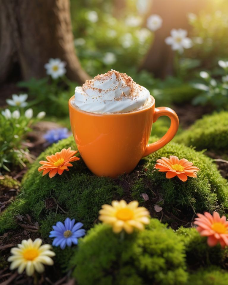Eine orange Tasse Cappuccino auf Moos im sonnigen Wald mit bunten Blumen.