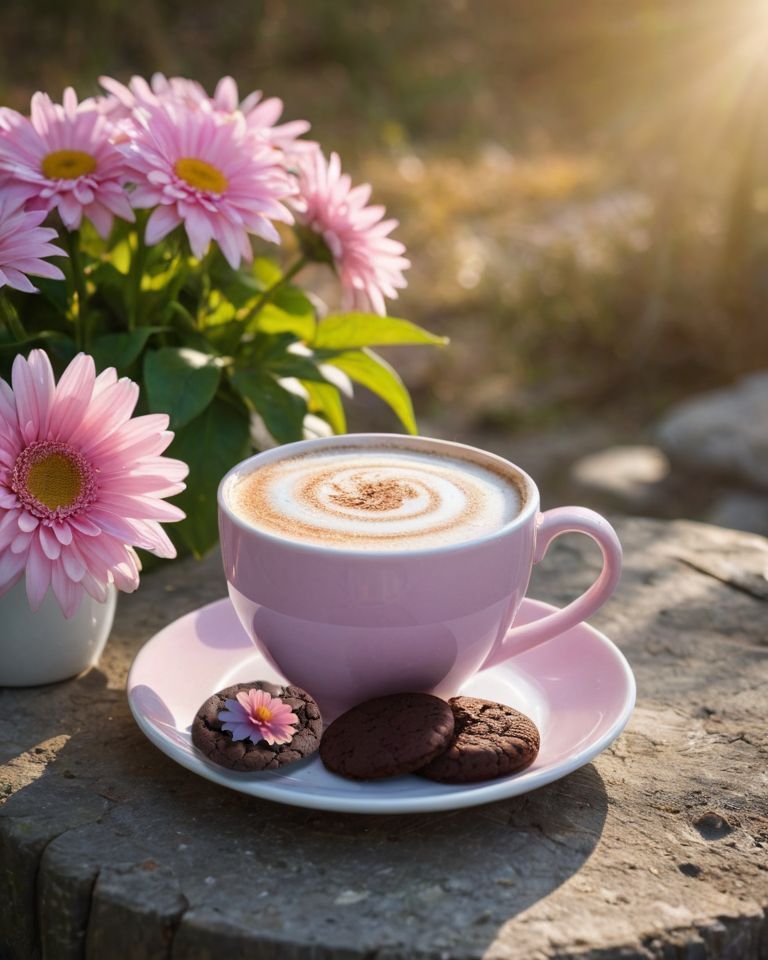 Eine rosa Tasse Cappuccino mit Schokoladenkeksen steht auf einem Baumstumpf. Im Hintergrund rosa Blumen in einer Vase. Die Sonne scheint.