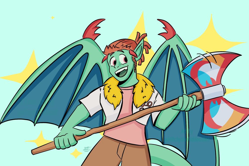 A dragon like humanoid is flexing his large wings, and spinning a colorful battleaxe. He has red hair with a braid and ponytail, sports a salmon colored shirt, khakis, white jacket with a yellow furred collar. He is surrounded by sparkles!