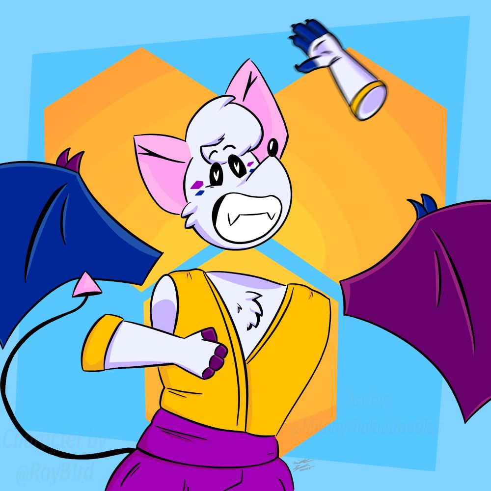A joyful character with floating bat wings, head, and arms looks on at the viewer with joy! He waves at the viewer, but flings his arm back into the distance. He is oblivious to this! 