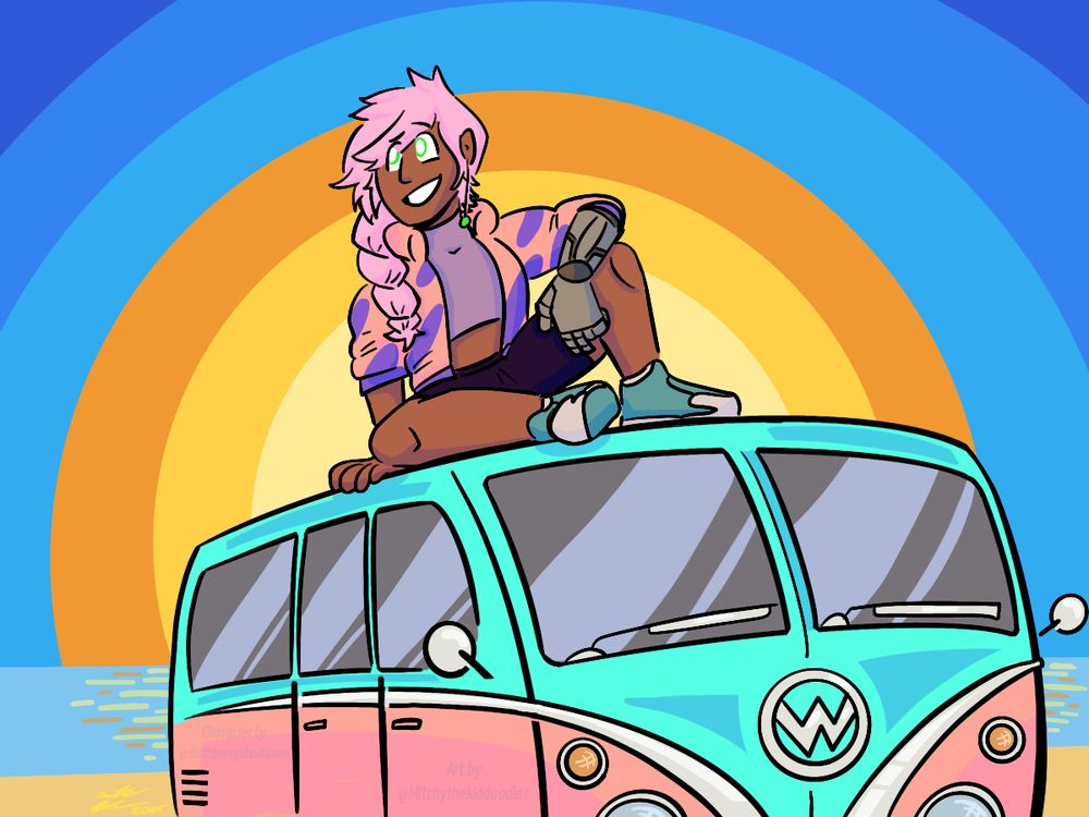 In a summer scene, a human girl with pink braided hair, green eyes, and a robot arm is seen sitting in a relaxed pose on top of a bus. The bus is reminiscent of a VW Samba Bus colored with pastel pink and a bright aqua color. She has her robot arm propped up on her knee, and her other hand counterbalancing on the bus. She looks across the scenery with a smile on her face. The sun is setting behind her, and disappearing into the ocean. 