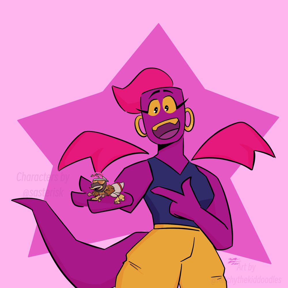 An image showing a simple dragon like character holding up an ant in her hand! The main character is purple with golden eyes and teeth, has flowing pink hair, simple dragon wings, and a tail. She’s wearing a blue tank top and baggy gold pants, and has hoop earrings. Shes excitedly pointing to an ant with a gold jacket, gold pincers, gold sunglasses, and a gold heart necklace. The ant seems to be dancing in the main character’s hand.