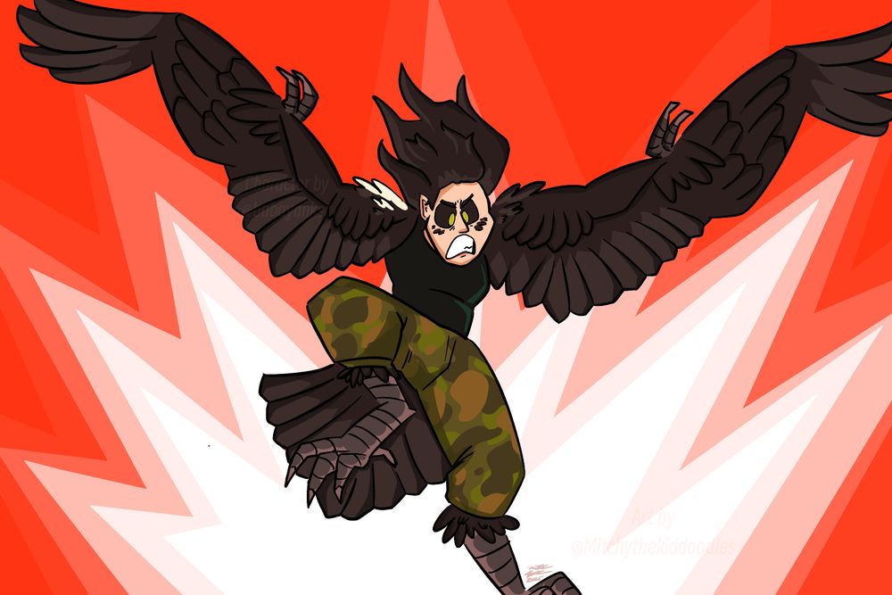 An image of a harpy girl with jet black hair, and large raven wings is swooping down to stomp on an unseen adversary. The harpy girl is sporting a skin morph like shirt, and army issue pants. On her right wing are white feathers around the shoulder area, signifying a potential scar. She looks down at her target with a look of rage. The background is red with a bright white explosion pattern.