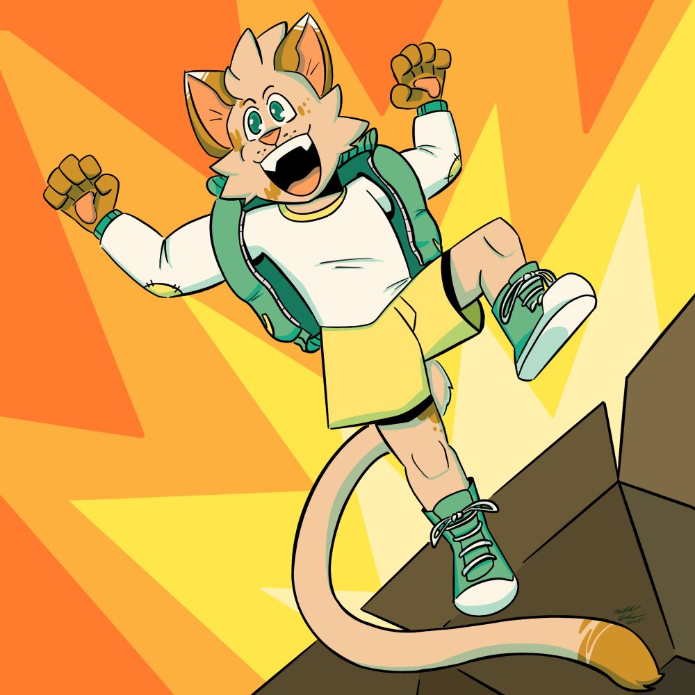 A small cat child in a big jacket and shorts is seen LEAPING out of a large cardboard box! He’s got his hands up as if he wants to expose his claws, and he’s showing his fangs with a big smile! He is relishing in being a stinker! 