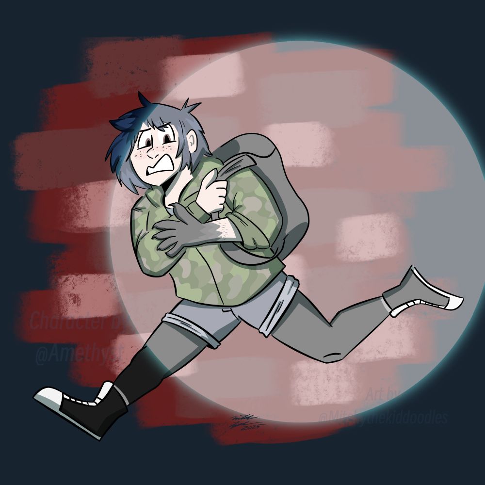 A girl with jet black hair is seen sprinting across the screen. She’s wearing a large camo jacket, shorts, leggings, sneakers, and is carrying a backpack. She is looking down at her hand to see it is shape shifting to grow fur and claws. A large spotlight seems to be trying to keep up with her as she is running away.  