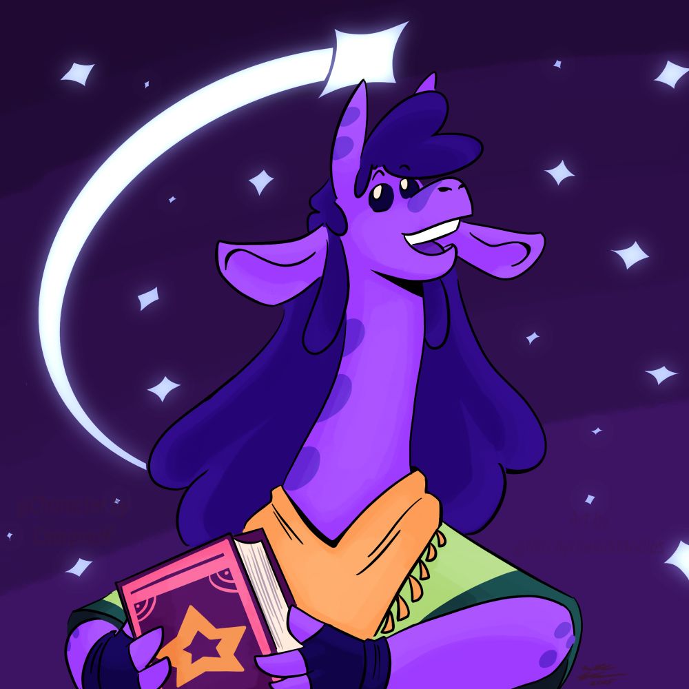 An image of an alien character with features similar to a giraffe is seen gazing at the night sky as a shooting star arcs overhead. The character is purple with round stripes, and flowing dark hair. They also have a yellow bandana around their neck, and wear a loose green shirt. In the character hand is a book with a star on it, holding valuable info about the known galaxy. This character looks to the sky with joy, as stars twinkle on in the night! 