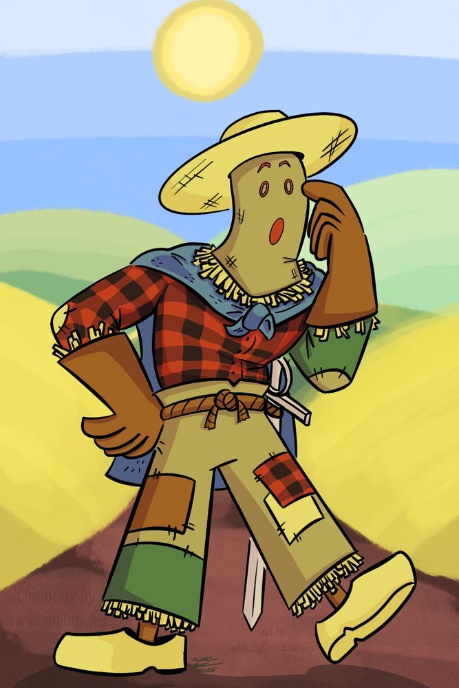 An image of a scarecrow wandering on a sunny day along a dirt road. The scarecrow is seen looking on curiously at his surroundings! The scarecrow has a flannel with one single green sleeve, patched up pants, a blue cape, and a straw hat. Attached to the scarecrow’s hip is a sword. 