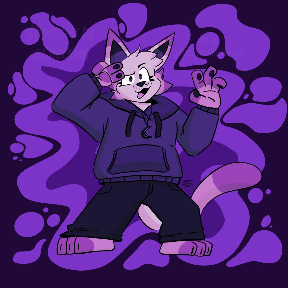 A cat with purple markings in off white fur, in baggy clothes stands in a powerful pose seeking to read your mind. Behind her is a wavy spacious pattern, as if reality is starting to distort around her! 
