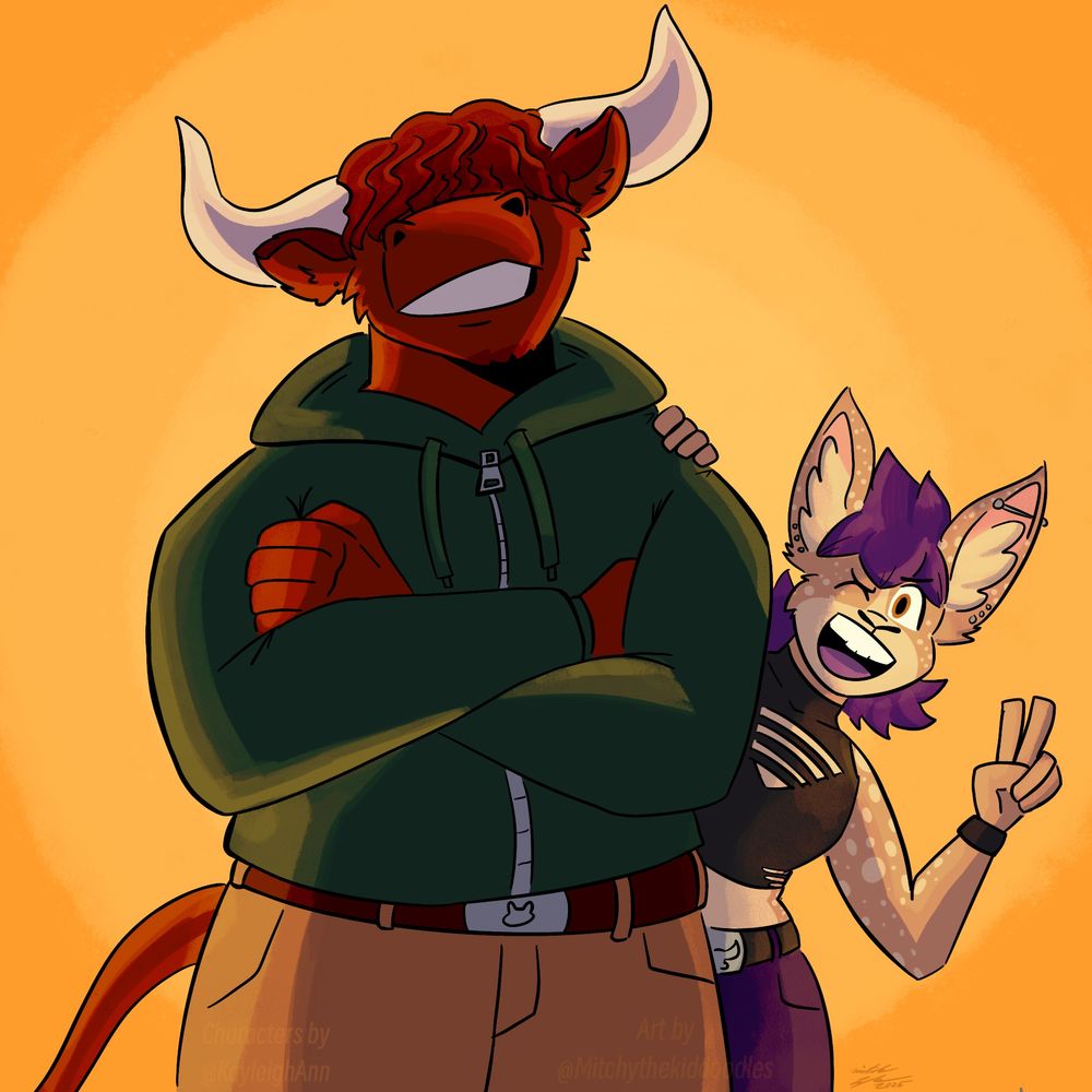 A large highland bull with a green hoodie and khaki pants looks at the viewer through long hair with arms crossed. Behind him, a small rabbit with purple hair, piercings, and a turtleneck tube top, gives a peace sign to the viewer. It is inferred that she upset someone, but they now have to face the bull. 