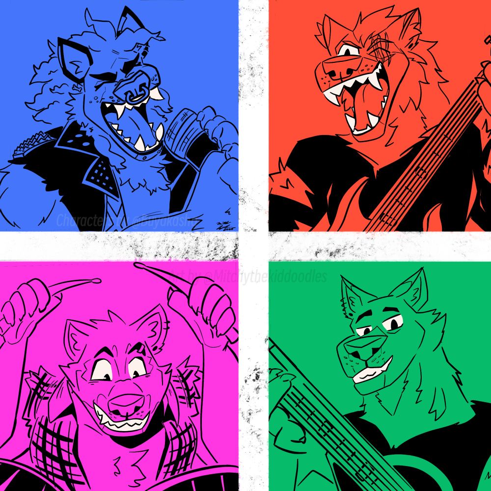 A piece of a rock band consisting of werewolves all separated into four corners. In the top left blue corner, Rebelle, a wolf with a curly mane, covered in piercings and sporting a leather jacket, is seen singing vocals almost screaming into the mic! In the top right red corner, Eli, a more mangy wolf with a scar on his right eye is wearing a ripped shirt, playing the guitar and singing vocals! In the bottom pink corner, Bear, a stout clean cut wolf in a ripped flannel, is seen playing the drums. In the bottom right green corner, Noe, a wolf with a longer smooth mane is seen playing the base with a calm sense of joy! All of their eyes and fangs are colored white.