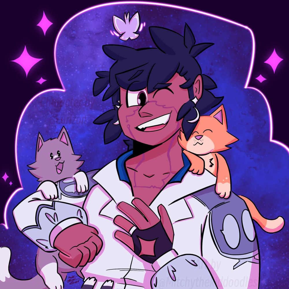 An image of a human with intricate scars on their face going to their torso, and fluffy hair. They are dressed with moon and star earrings, wears an intricate jacket with designs on the shoulder and sleeves, and sports a glove with a star symbol cut out of the center. 
They look around their surroundings with a sense of joy! Two cats are climbing on each shoulder. A grey one is meowing off the right shoulder, while an orange one is purring and nuzzling into the human’s chin on the left. The paws of a black cat are seen reaching up towards the bottom of the jacket. Above the figure is a white butterfly hovering. The central figures are surrounded by stars.