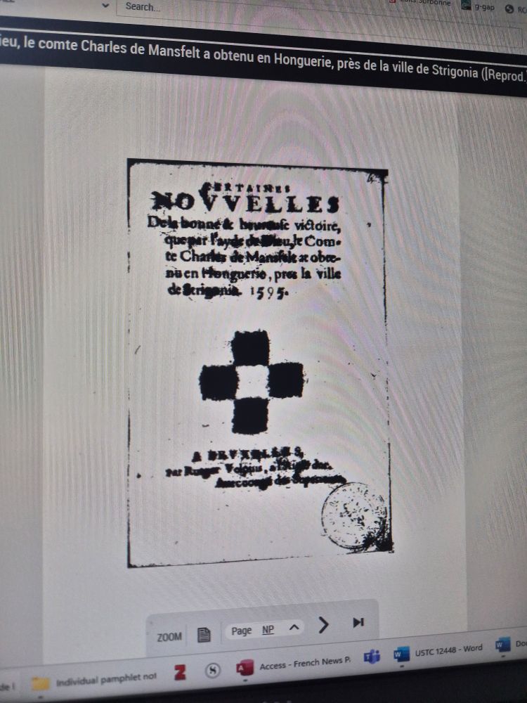 A digitised version of a C16 pamplet in French, on the Gallica platform, where the title page lettering is very very smudged 