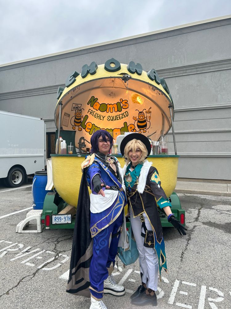 Dr ratio and Aventurine from Honkai star rail posing ecstatically in front of a giant lemon selling lemonade. 