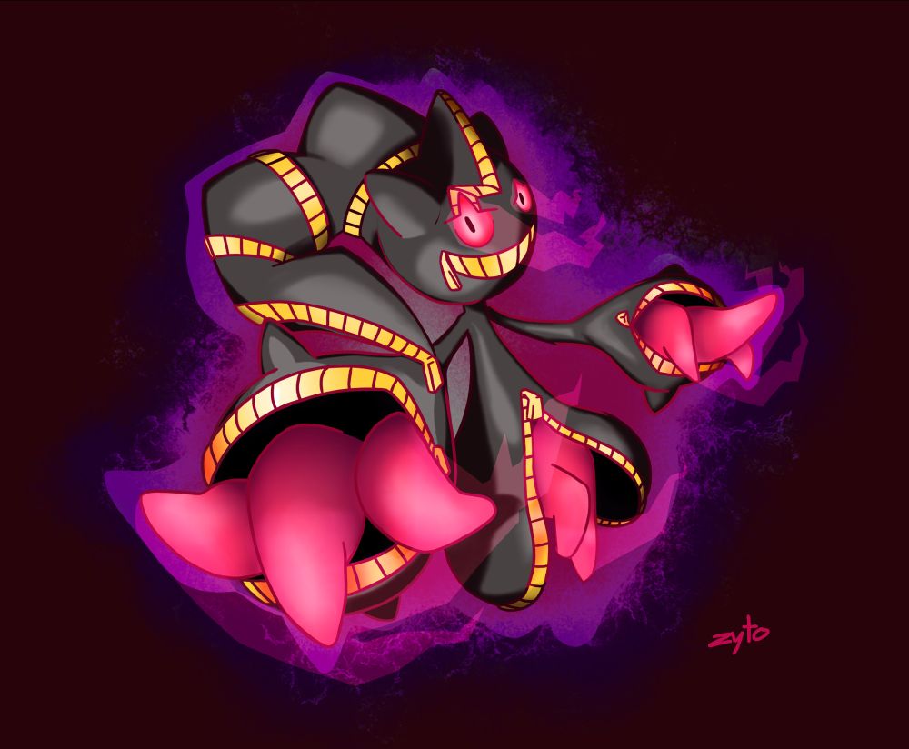 menacing pokemon mega-banette in a ghostly aura, trails streaming behind its extremities, staring you down with a wicked smile and eyes that pierce through you 