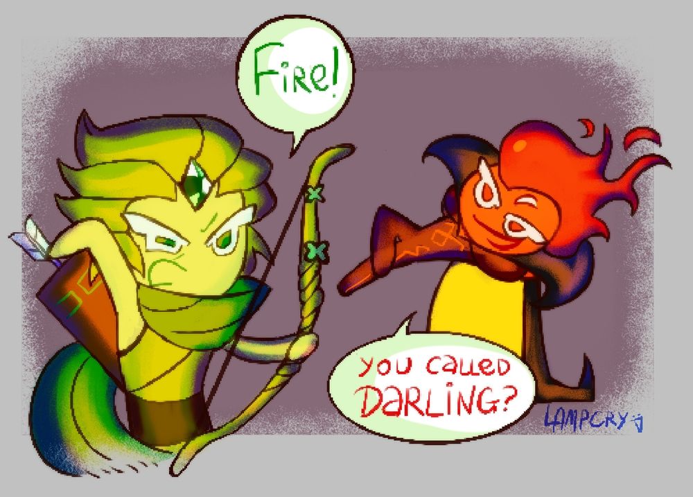 Wind Archer Cookie: "Fire!"

Fire Spirit Cookie: "You called Darling?"