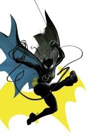 Cassandra Cain as Batgirl swinging from a grappling hook. In the background, there's a yellow bat symbol