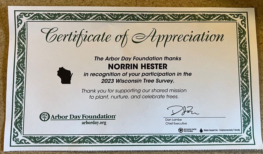 A picture of a certificate of appreciation from some tree guys