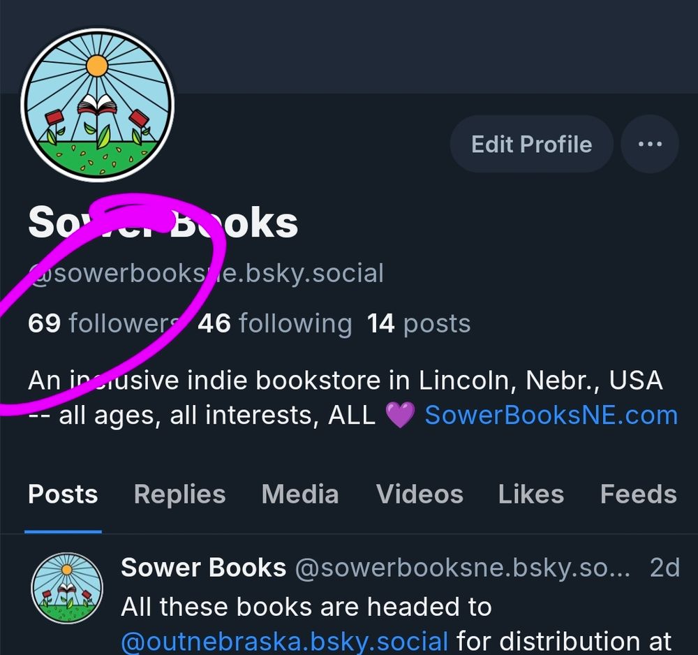 A screenshot of Sower's Bluesky profile with 69 followers circled 