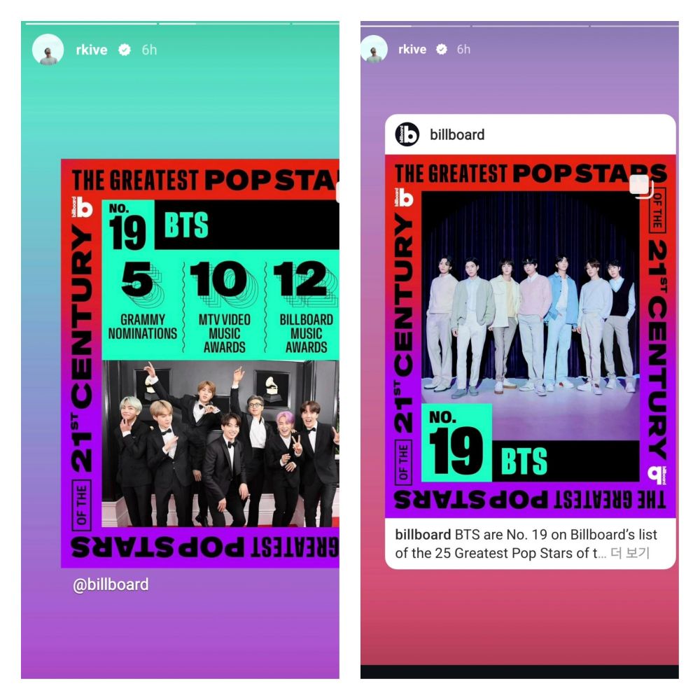 Ss from Rkive ig, showing ss of billboards the greatest popstars, with BTS as number 19.