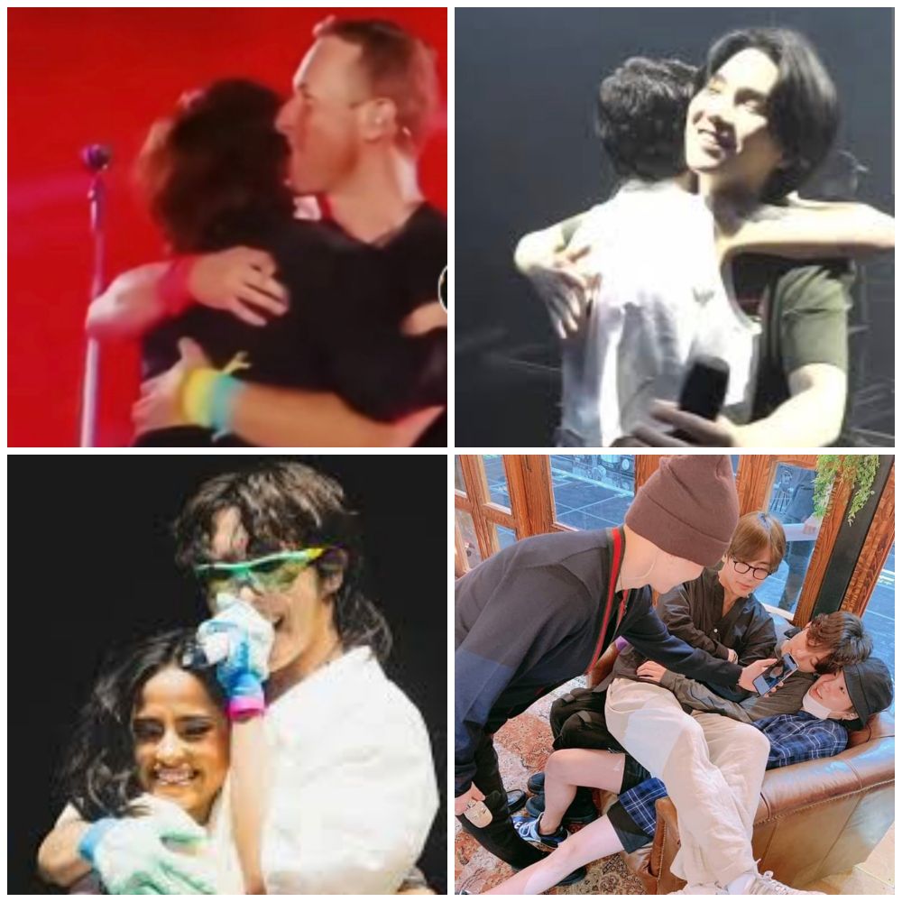 Jin hugging Chris Martin, Yoongi hugging Halsey, Hobi hugging Bechy G and Bangtan sitting on each other in a chair.