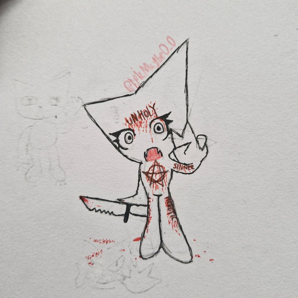 Femtanyl's Token holding a knife and striking a pose. The drawing features dark religious themes.