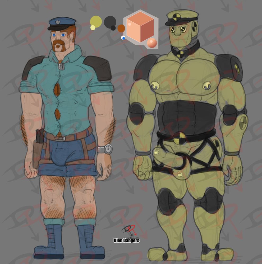 human appreciation post, here's a ref of the security guard from the above comic post.
On the left is a brown-haired, averagely buff man with a handle-bard mustache & goatee. He's wearing a blue security suit, cap n boots. With tight legstraps hugging all the curves. The sleeves n pants are rolled up high to expose muscle n hair; his button-up shirt is also a size small, making it tightly hug the torso, with thick chest hair peaking out of the gaps. It could break with a flex - like in the comic above.

On the right is the gooped up crash drone version of the security guard. The symbiotic relationship with the suit bulked up the guard to twice his size, giving him muscles so big they can be held with two hands individually. While most of his old clothes dissolved, some remained - converted like the man himself - almost as if it were part of the intentional design.
His dog-tag is now a dog collar, cap & belt match the crash dummy symbols, leg straps are the same, and added a rubber cock/ball ring. Also, unlike the first two drones that have a locked bulge, his erection stands proud 24/7 - also locked.
Otherwise, the design is the same as other drones - modeled after irl crash dummies.